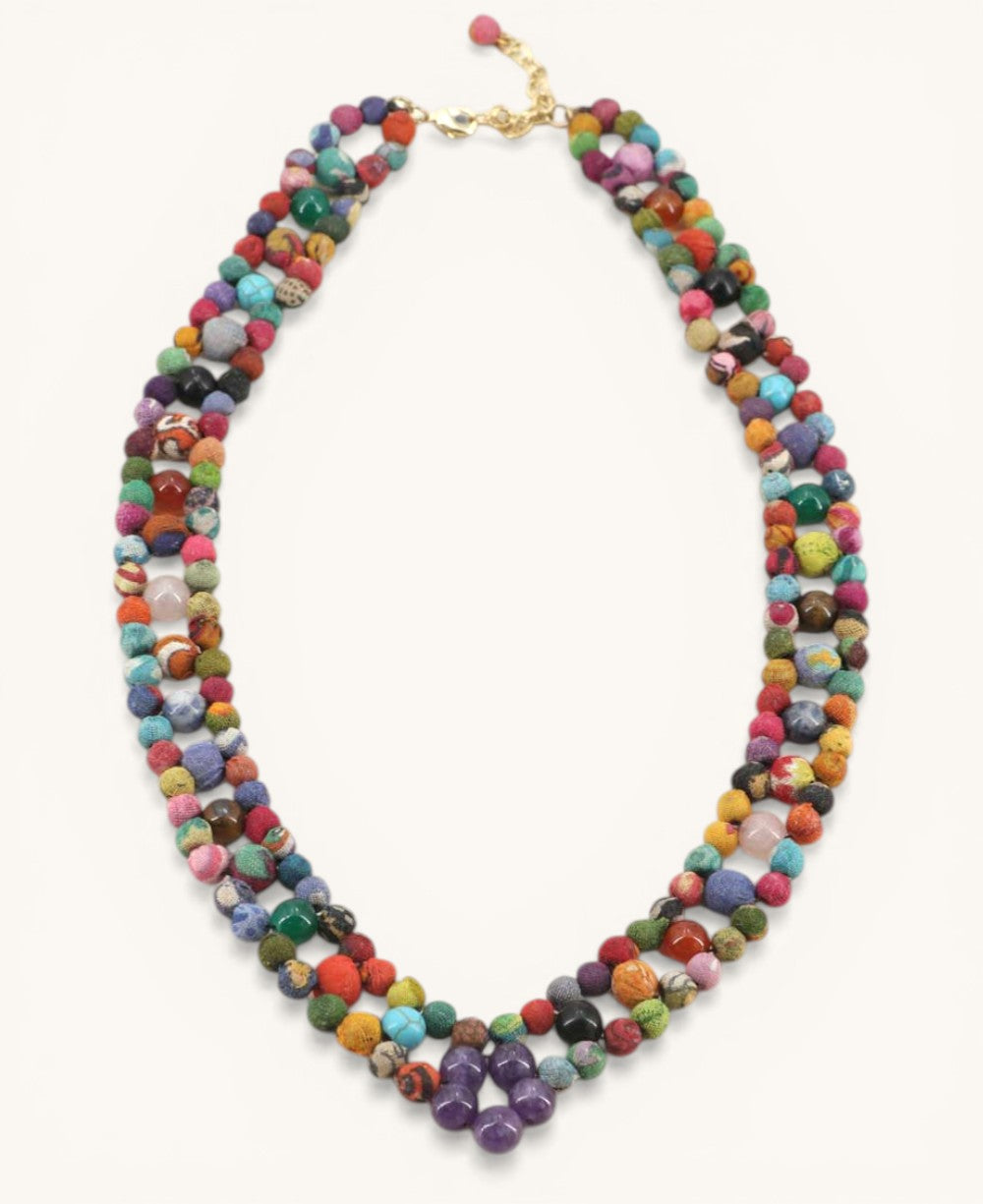 Multicolor Hand-Wrapped Textile & Gemstone Beaded Necklace