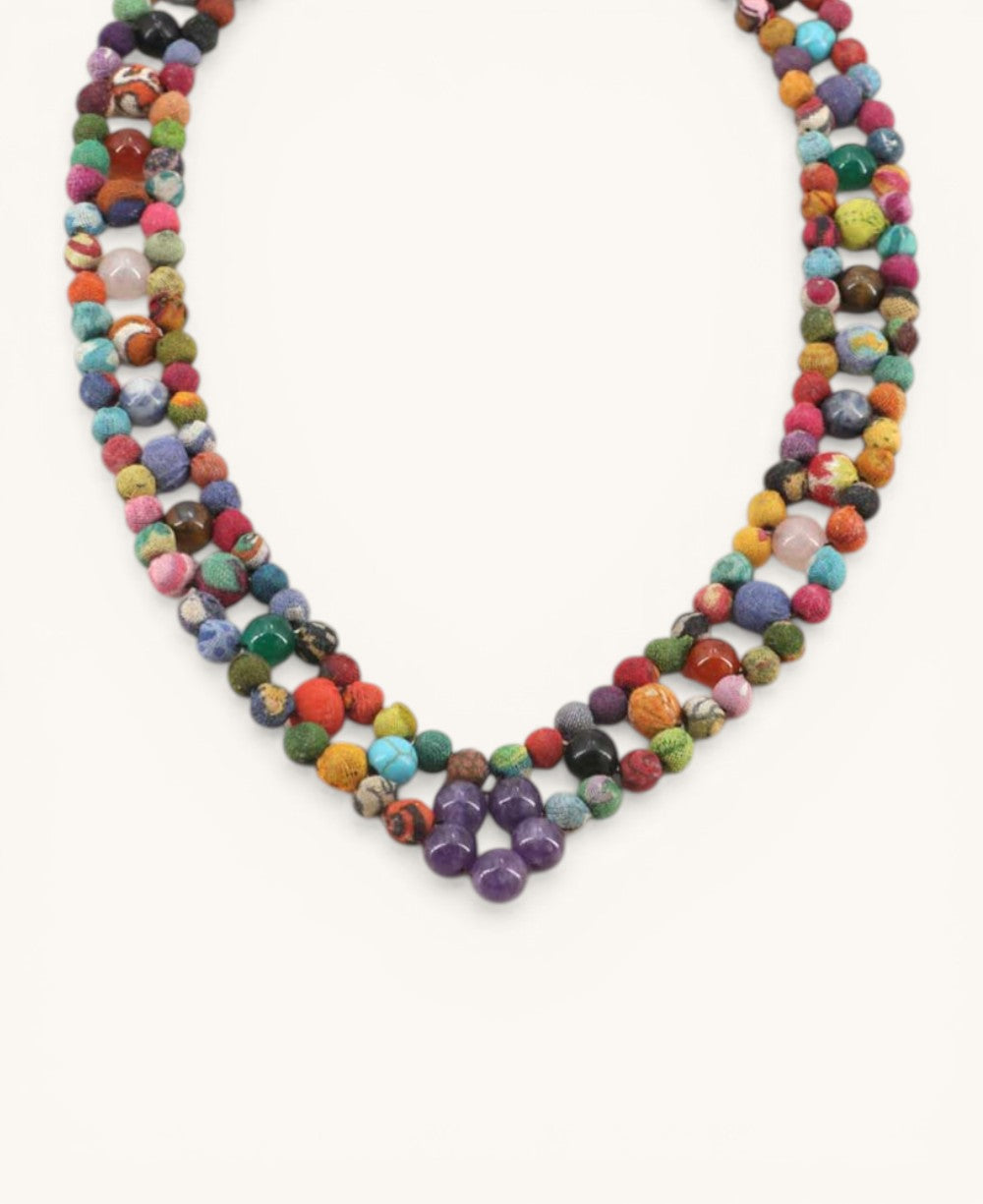 Multicolor Hand-Wrapped Textile & Gemstone Beaded Necklace