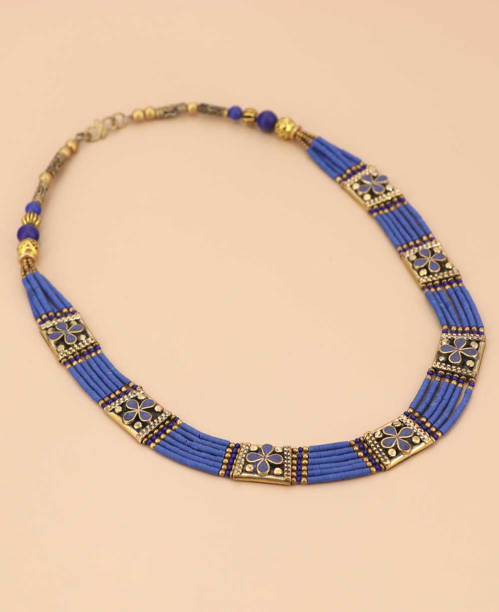 Ethnic Tibetan necklace with blue clay beads