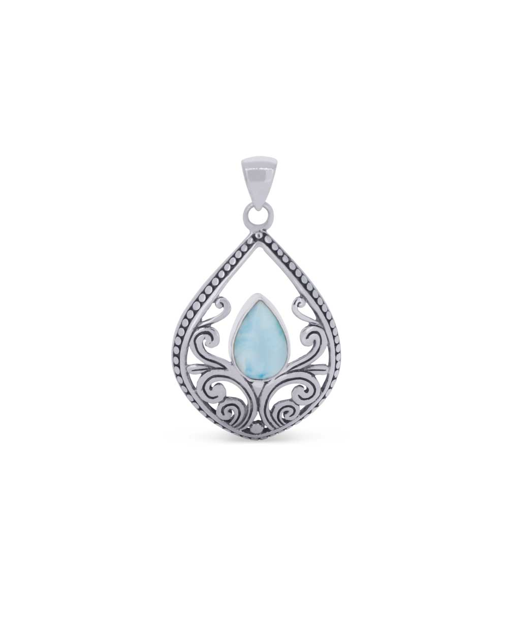 Teardrop larimar pendant with vine design