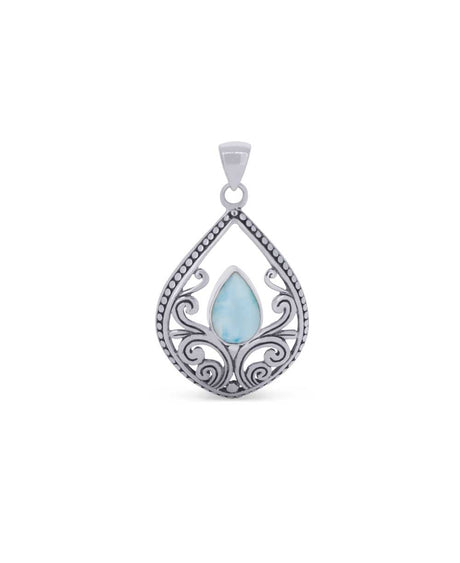 Teardrop larimar pendant with vine design