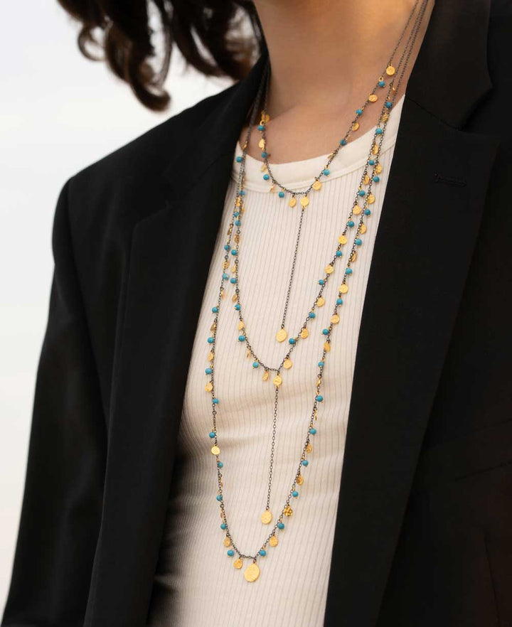 Turkish Dainty Long Necklace with Reconstituted Turquoise Beads and Brass Accents