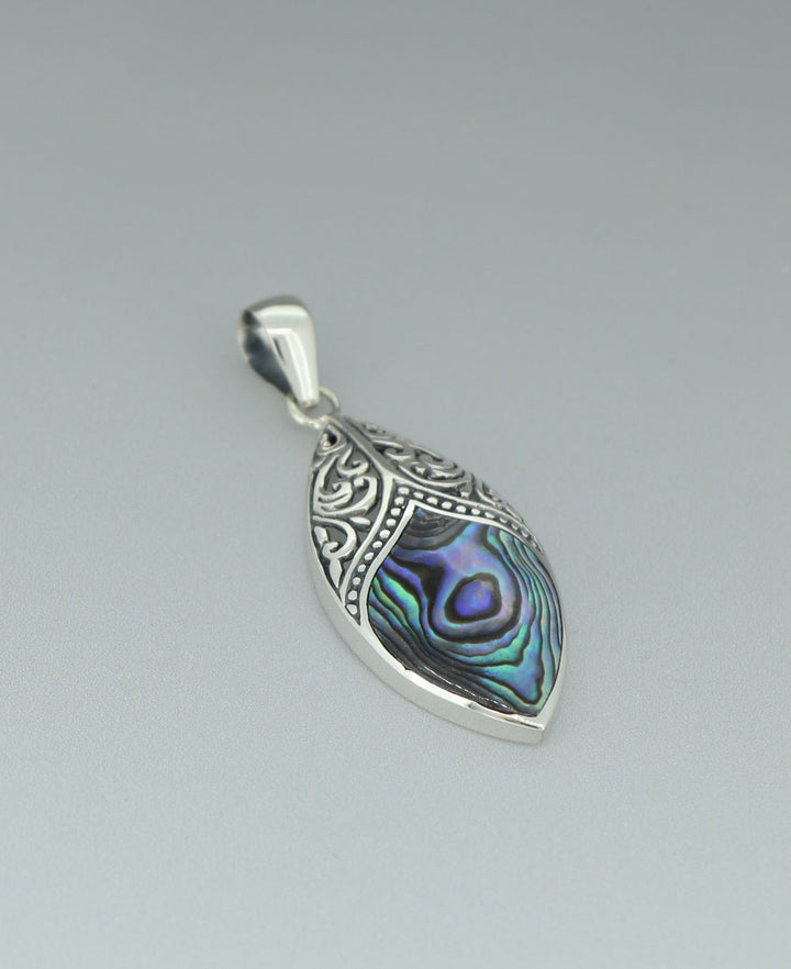 Sterling Silver Abalone Shell Filigree Pendant, Bali, top view