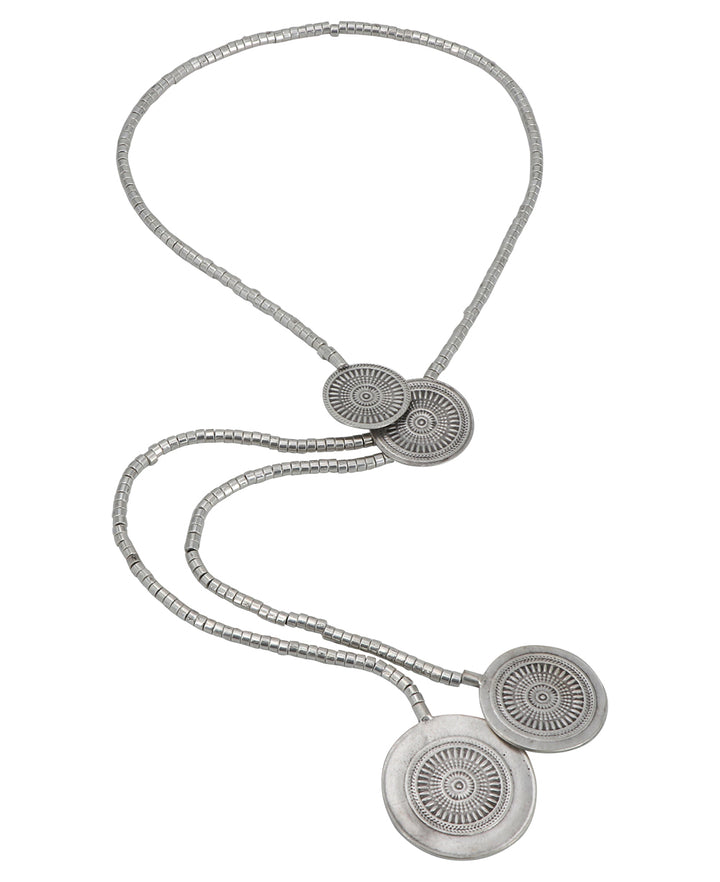 Lariat style pewter necklace with mandala discs