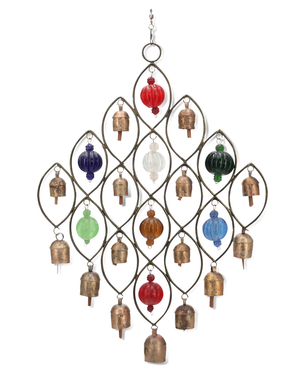 Recycled metal lattice grid wall hanging with glass beads and nana bells