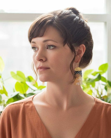Moonrise Over Earth – Handwoven Fringe Earrings with Brass Detail