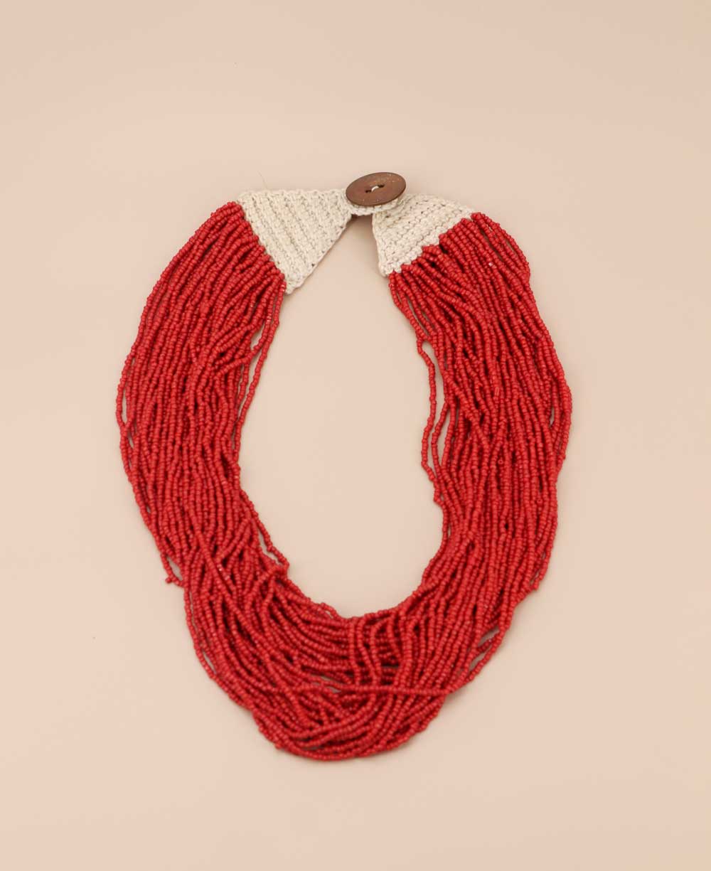 Red bead strands collar necklace