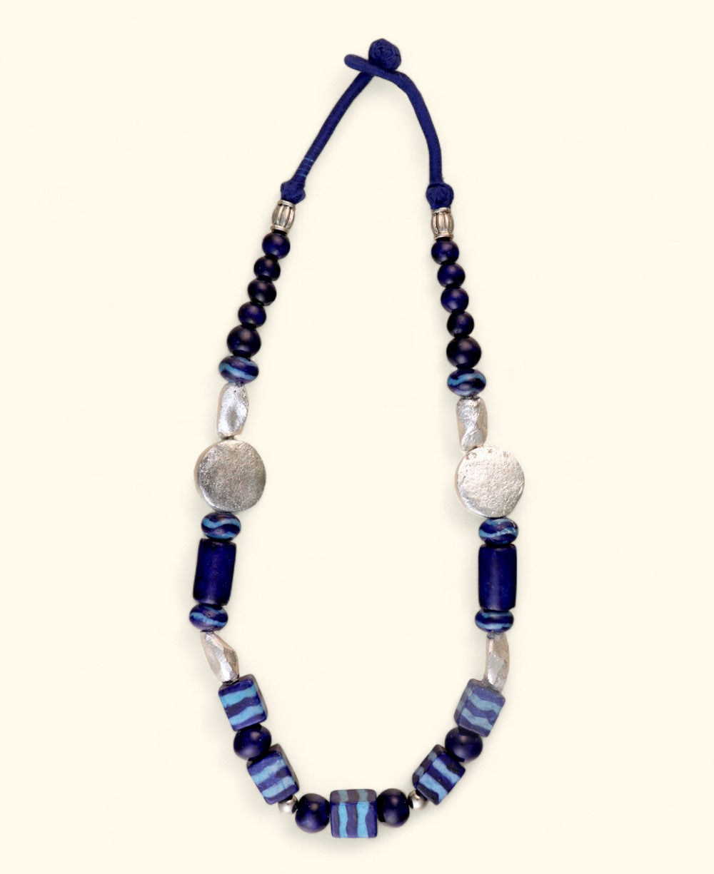 Hand-Painted Ceramic Bead Necklace with Metal Accents