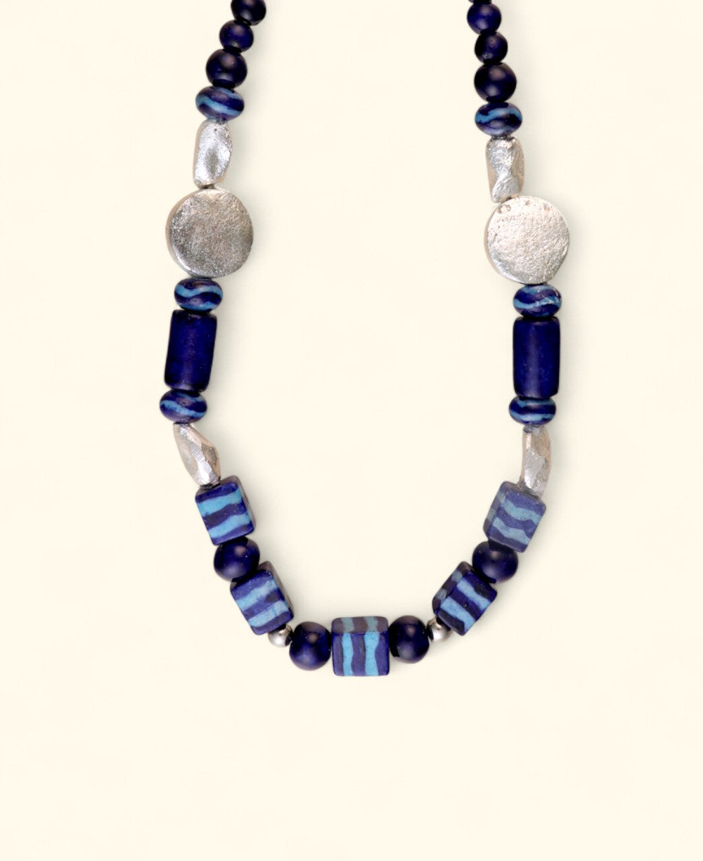Hand-Painted Ceramic Bead Necklace with Metal Accents