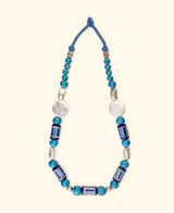 Hand-Painted Blue Pottery Bead Necklace with Metal Accents