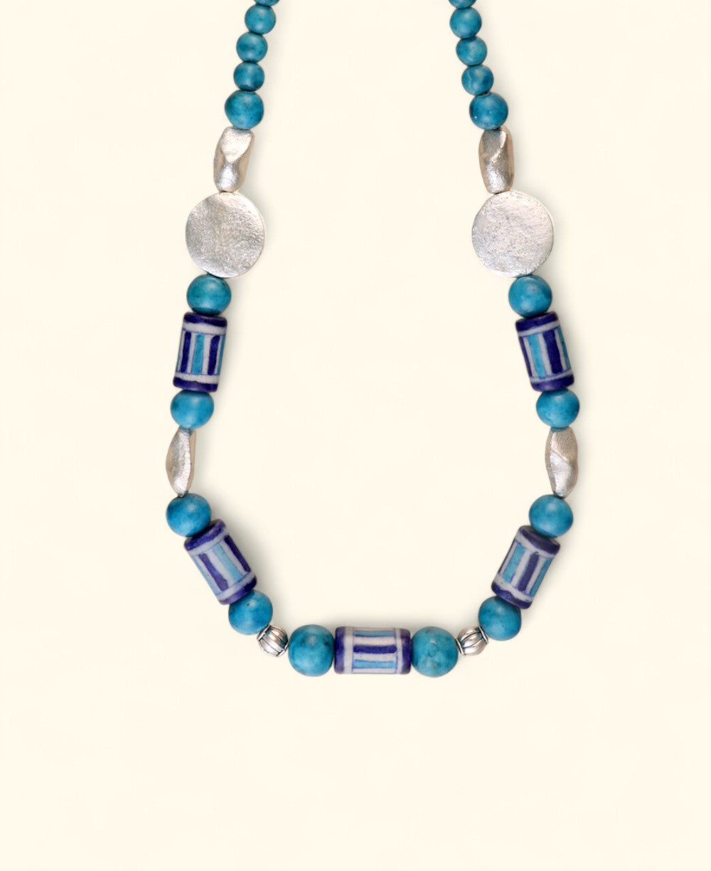Hand-Painted Blue Pottery Bead Necklace with Metal Accents