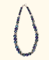 Hand-Painted Blue Pottery Bead Necklace with Floral Patterns