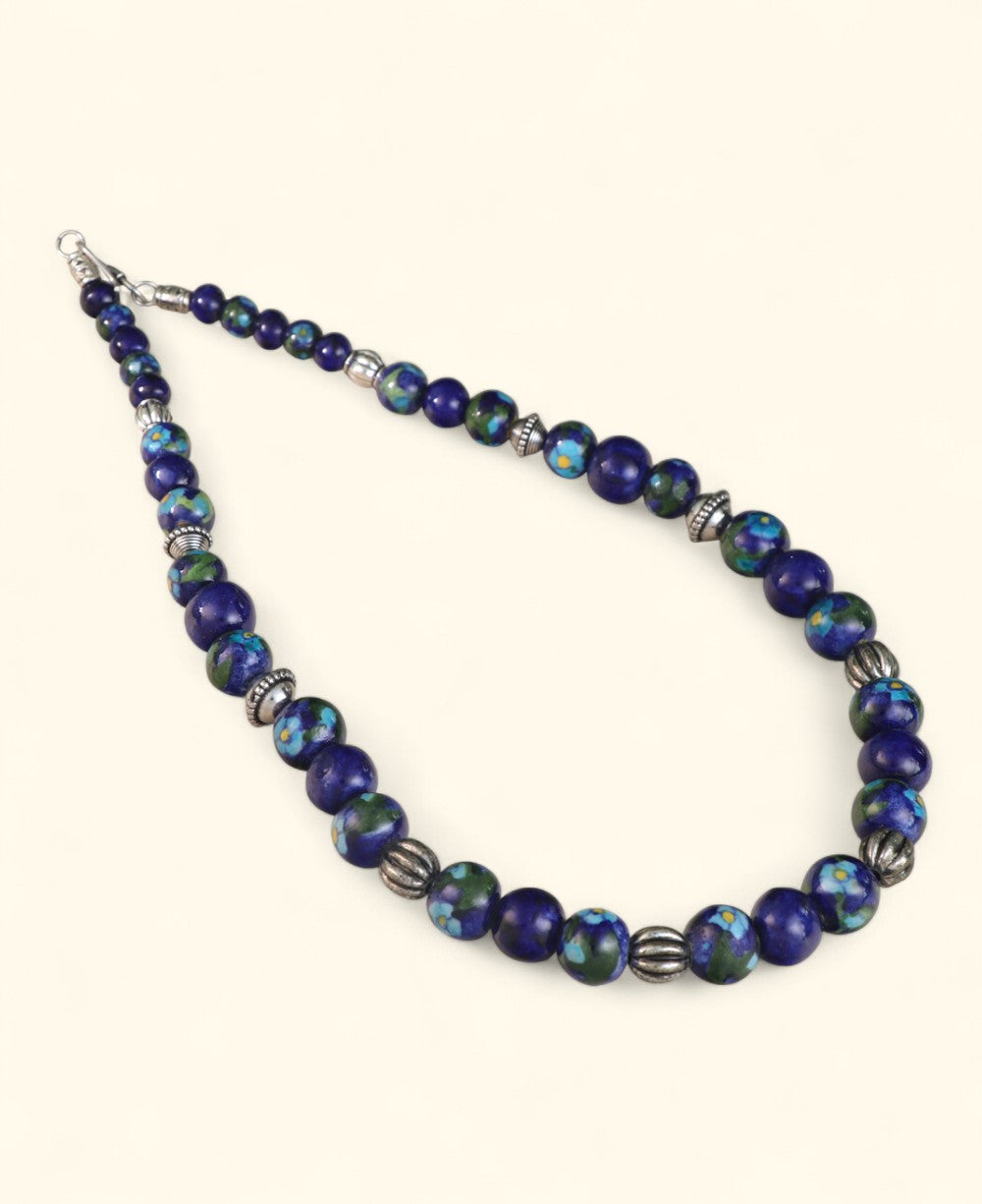 Hand-Painted Blue Pottery Bead Necklace with Floral Patterns