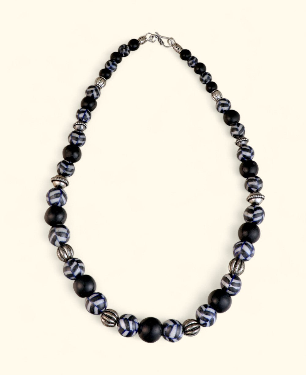 Hand-Painted Black Ceramic Pottery Bead Necklace with Metal Accents