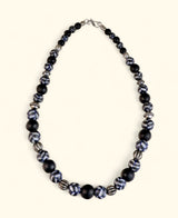 Hand-Painted Black Ceramic Pottery Bead Necklace with Metal Accents