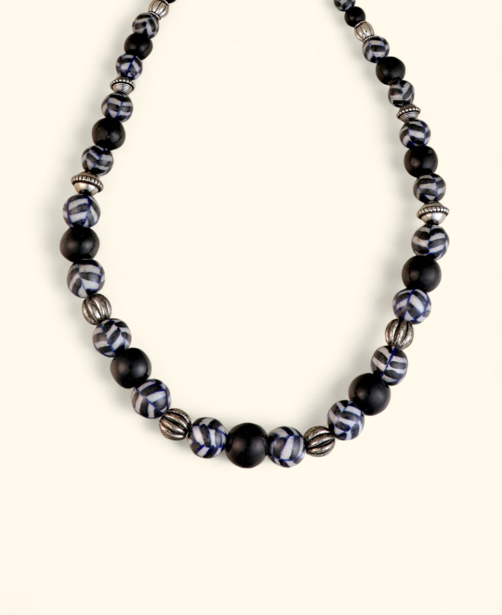 Hand-Painted Black Ceramic Pottery Bead Necklace with Metal Accents