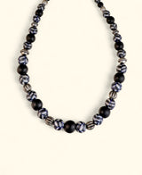 Hand-Painted Black Ceramic Pottery Bead Necklace with Metal Accents