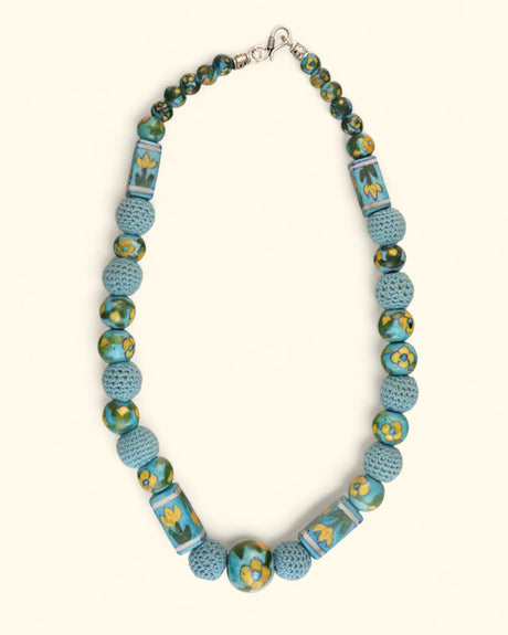 Hand-Painted Floral Ceramic Bead Necklace with Crochet Work