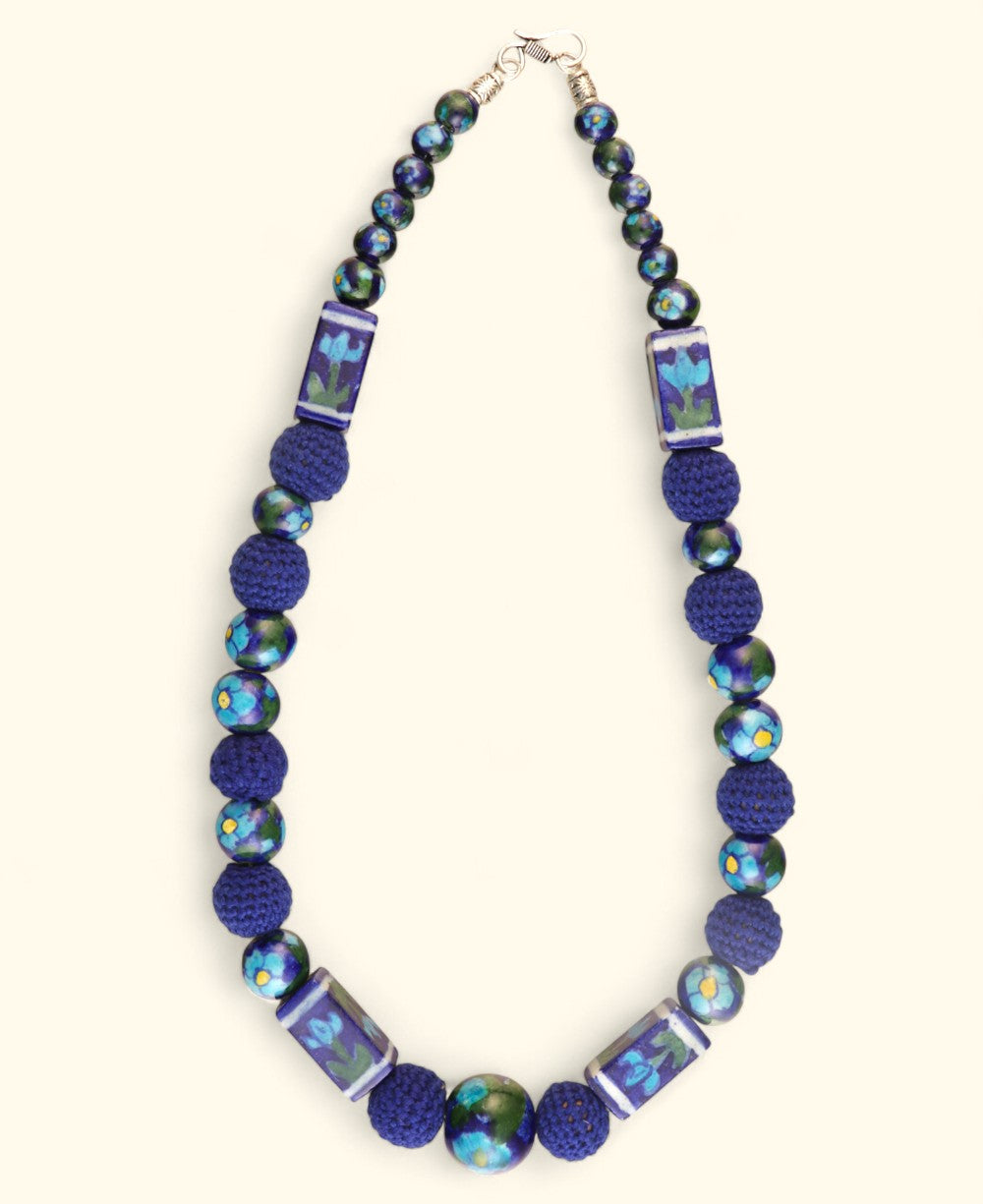 Hand-Painted Floral Ceramic Bead Necklace with Crochet Accents
