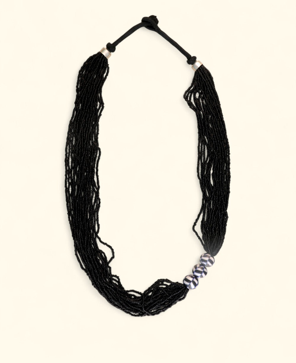 Multi-Strand Black Glass Bead Necklace with Hand-Painted Ceramic Accents