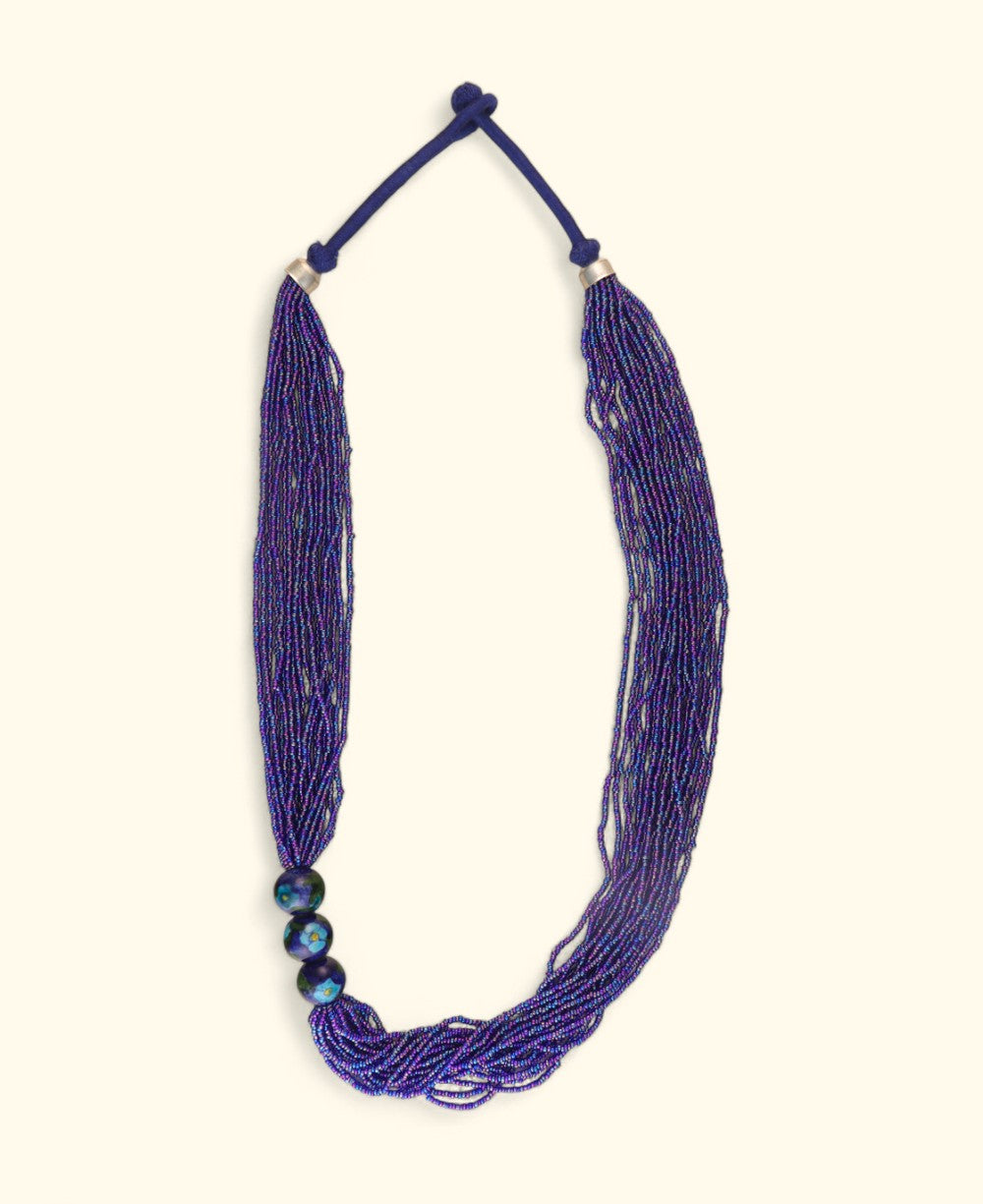 Multi-Strand Blue Glass Bead Necklace with Hand-Painted Ceramic Accents