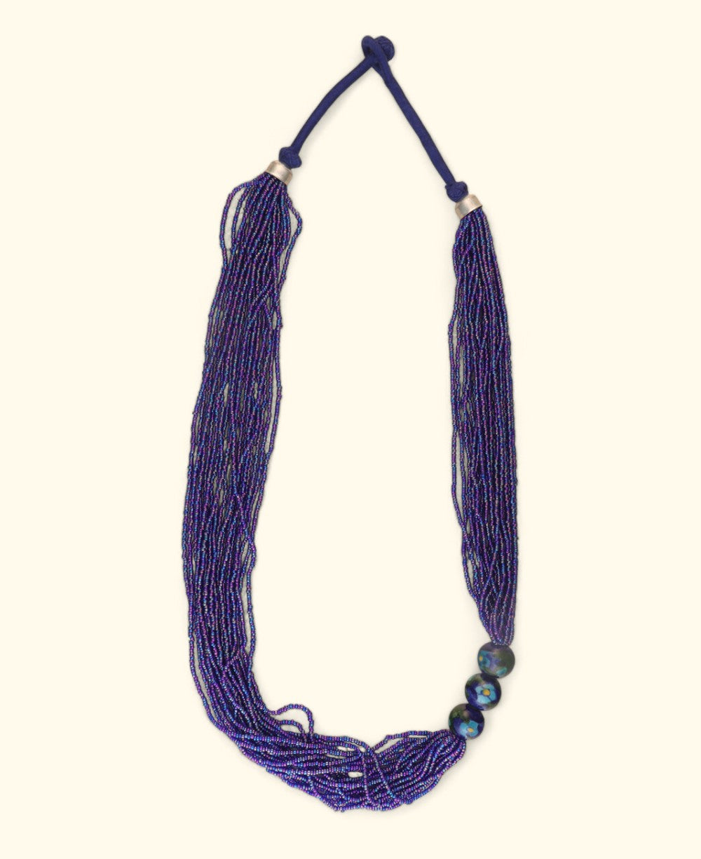 Multi-Strand Blue Glass Bead Necklace with Hand-Painted Ceramic Accents