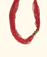 Multi-Strand Red Glass Bead Necklace with Hand-Painted Ceramic Accents