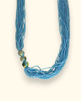 Multi-Strand Aqua Blue Glass Bead Necklace with Hand-Painted Ceramic Accents