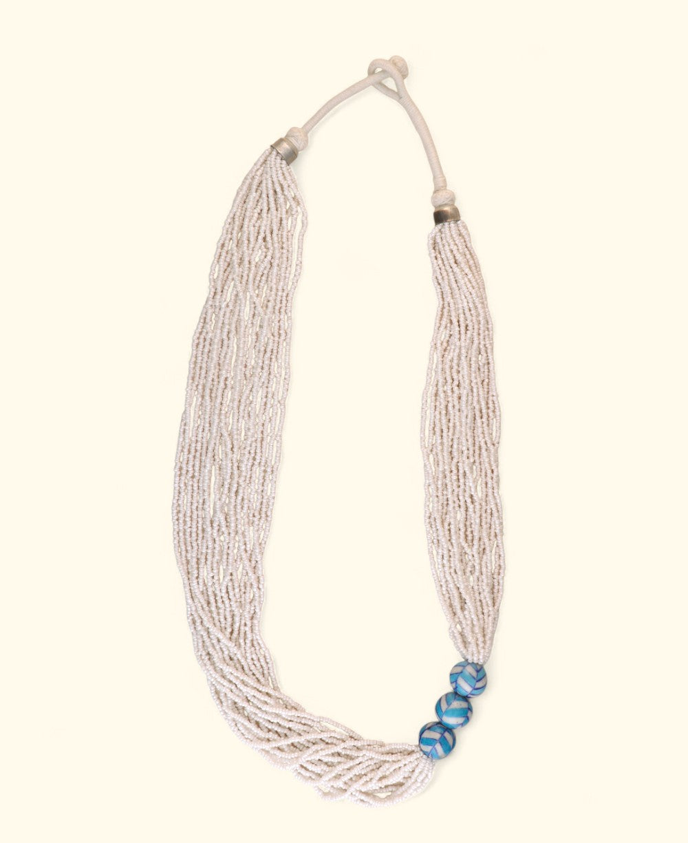 Multi-Strand White Glass Bead Necklace with Hand-Painted Ceramic Accents