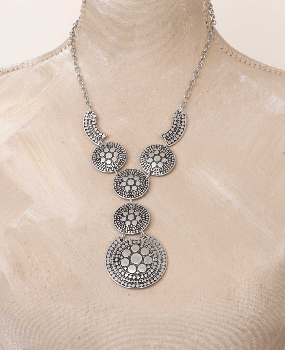 Y-Shaped Pewter Necklace with Floral Discs