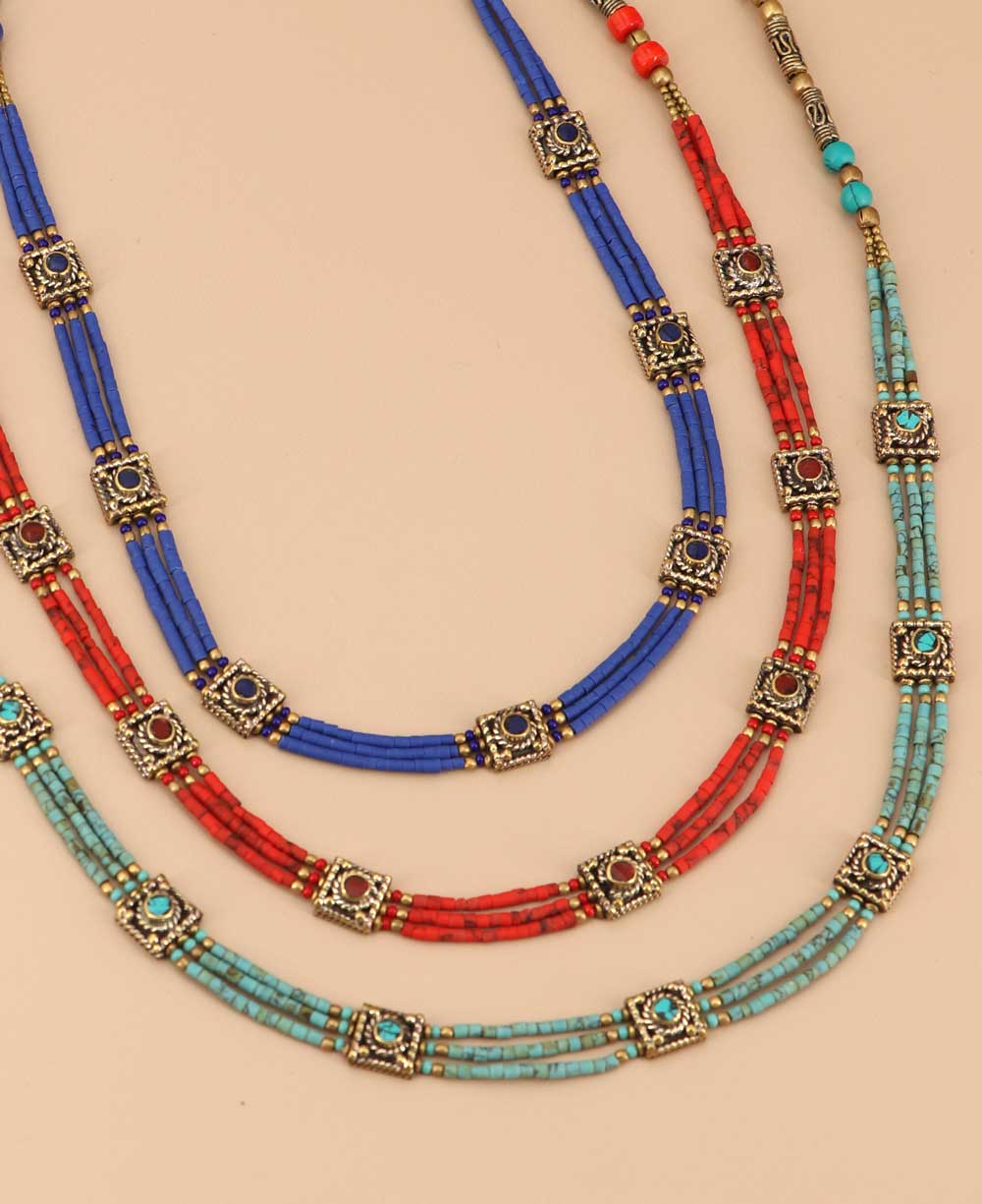 Tibetan Necklace in red, blue, aqua