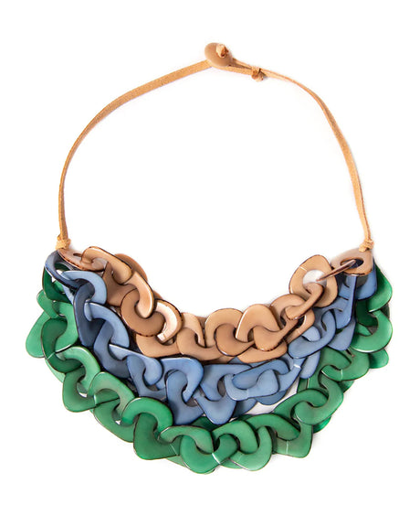 Chunky interlinked Tagua necklace in green, blue, and beige