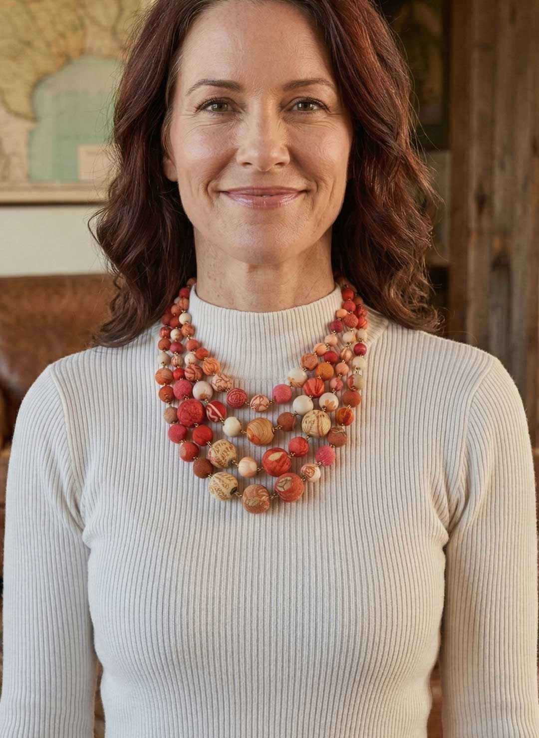 Woman wearing a colorful necklace indoors
