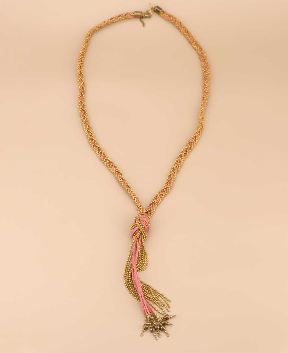 Handcrafted Tibetan pink beaded tassel necklace