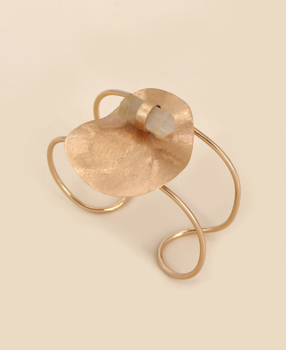 Rose Gold Plated Brass Adjustable Wire Cuff Bracelet featuring a stunning Snow Quartz Point.