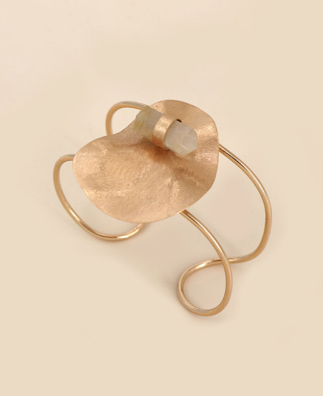 Rose Gold Plated Brass Adjustable Wire Cuff Bracelet featuring a stunning Snow Quartz Point.