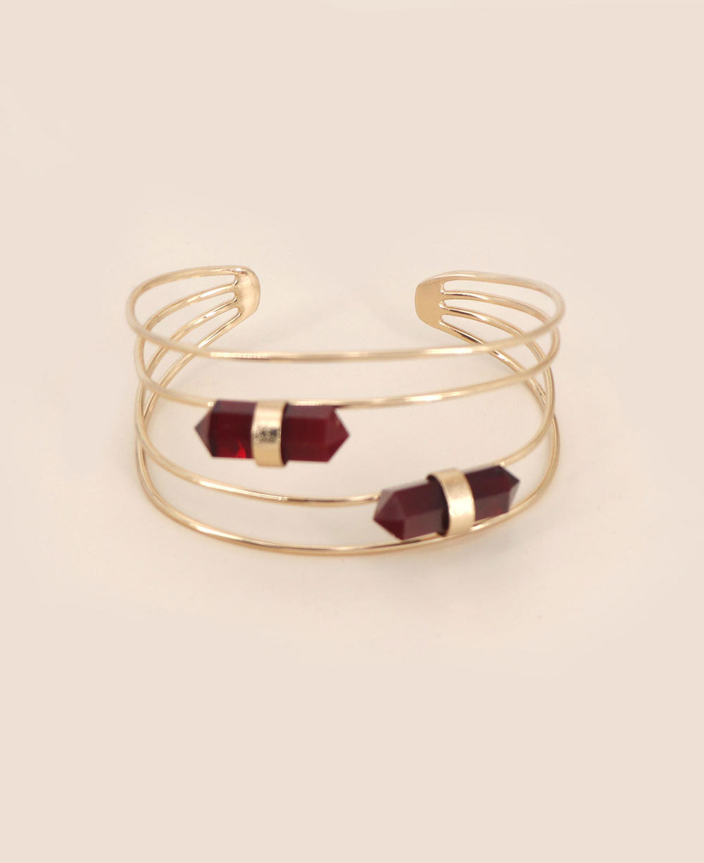 Rose Gold Plated Brass Adjustable Wire Cuff Bracelet featuring striking dual Red Onyx Points