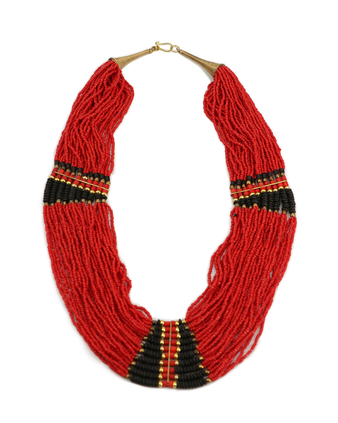 Red beaded necklace with black and gold accents on a white background