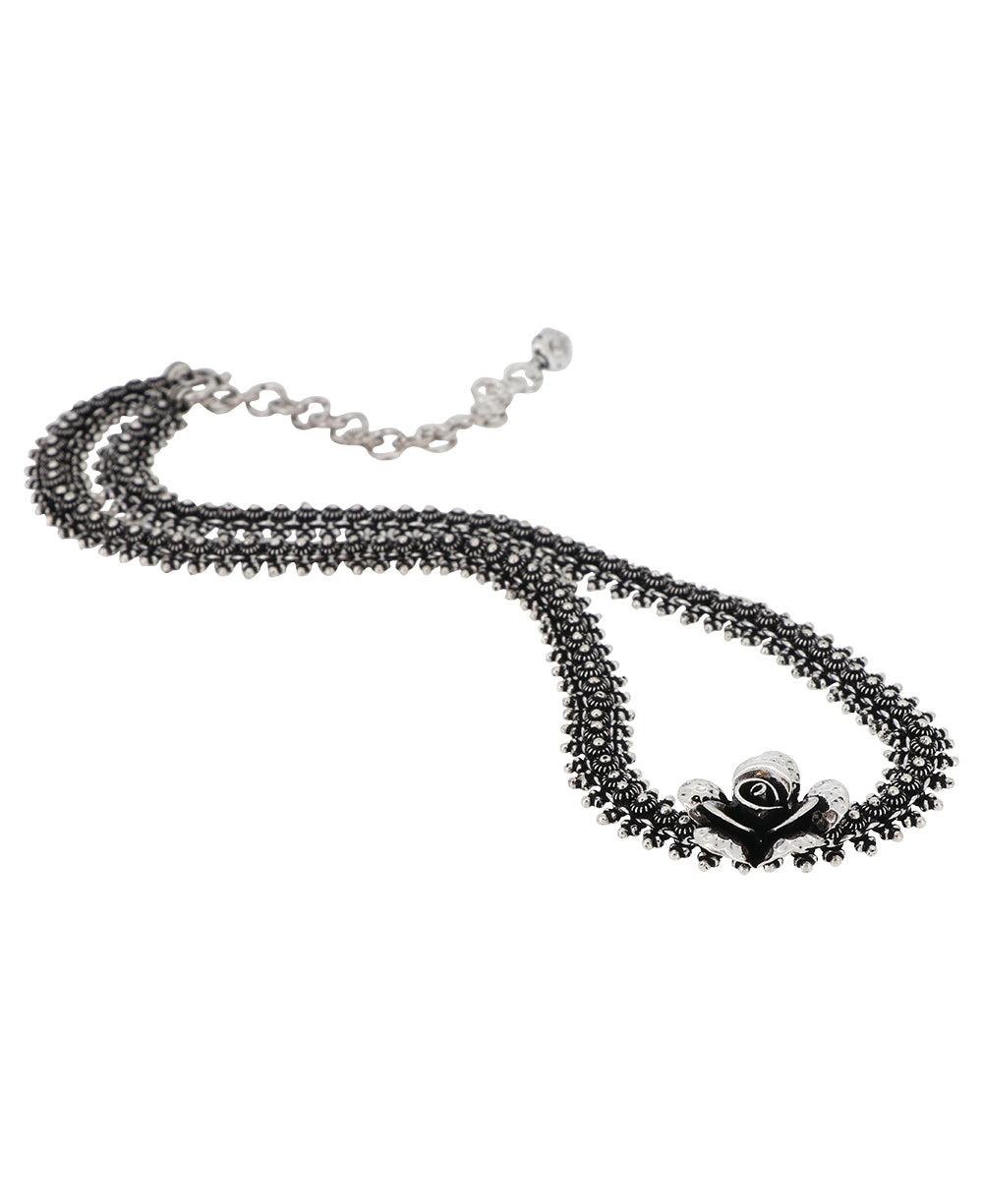 Elegant silver collar necklace featuring a stunning rose flower design, made in Laos