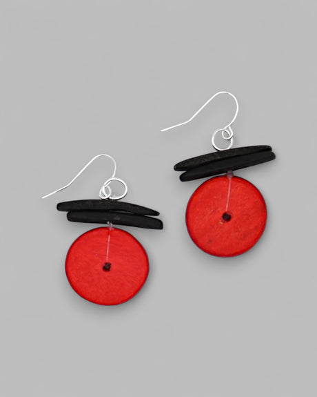 Red and black wood disc dangle earrings