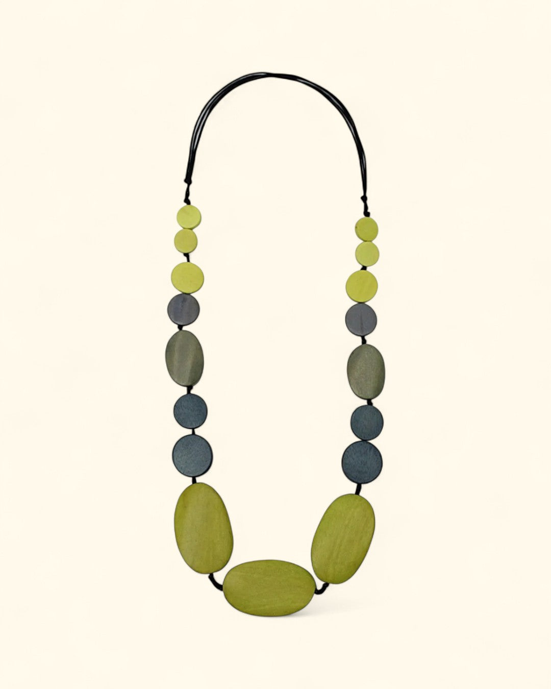 Hand-painted oval and round beads in lime and charcoal tones