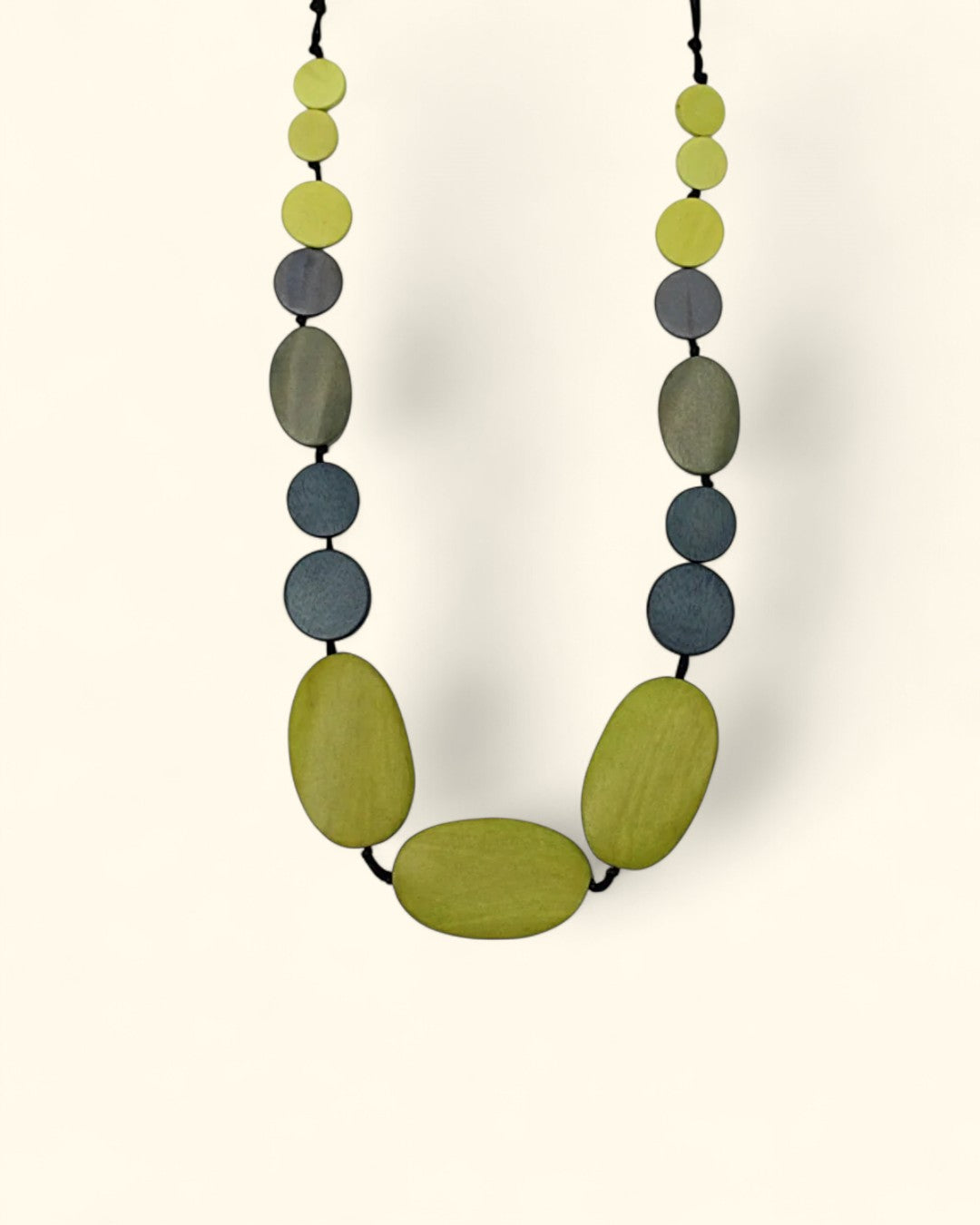 Lime and gray wooden bead necklace with adjustable black cord