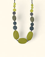 Lime and gray wooden bead necklace with adjustable black cord