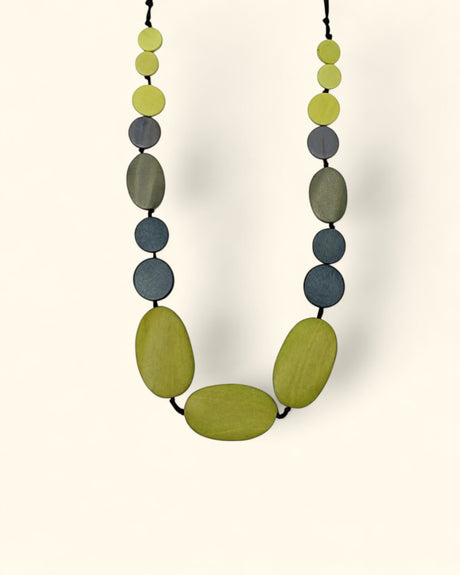 Lime and gray wooden bead necklace with adjustable black cord