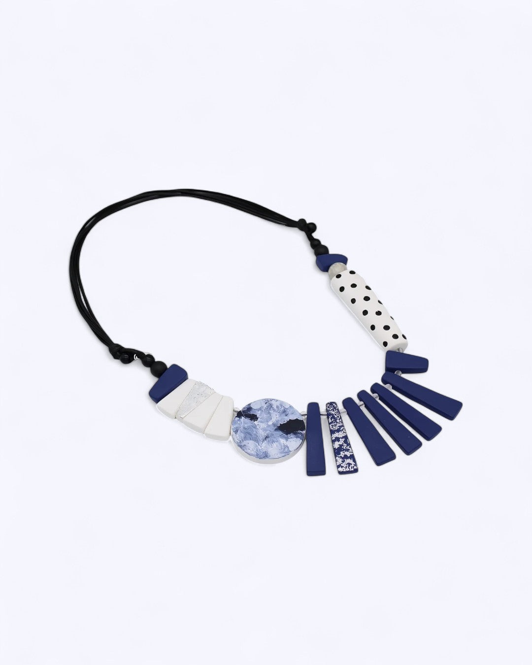 Multi-shape resin bead necklace with navy and white accents