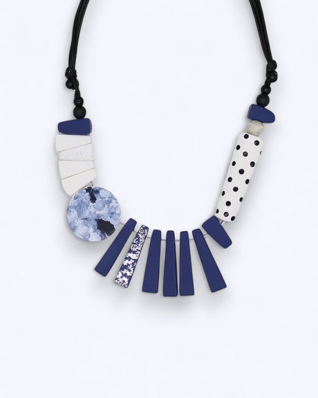 Blue and white resin necklace with geometric beads