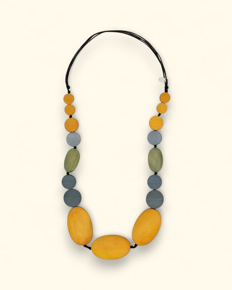 Hand-painted artisan necklace in warm yellow and gray