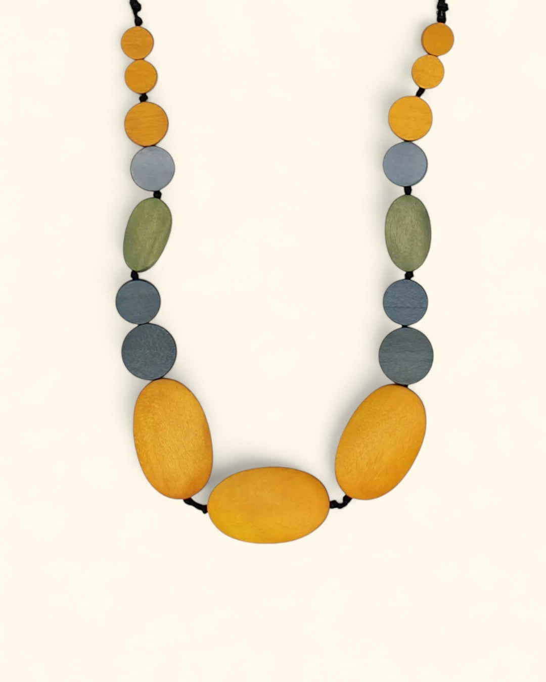 Mustard and gray wooden bead necklace with adjustable cord
