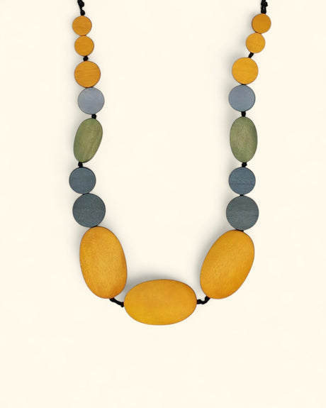 Mustard and gray wooden bead necklace with adjustable cord