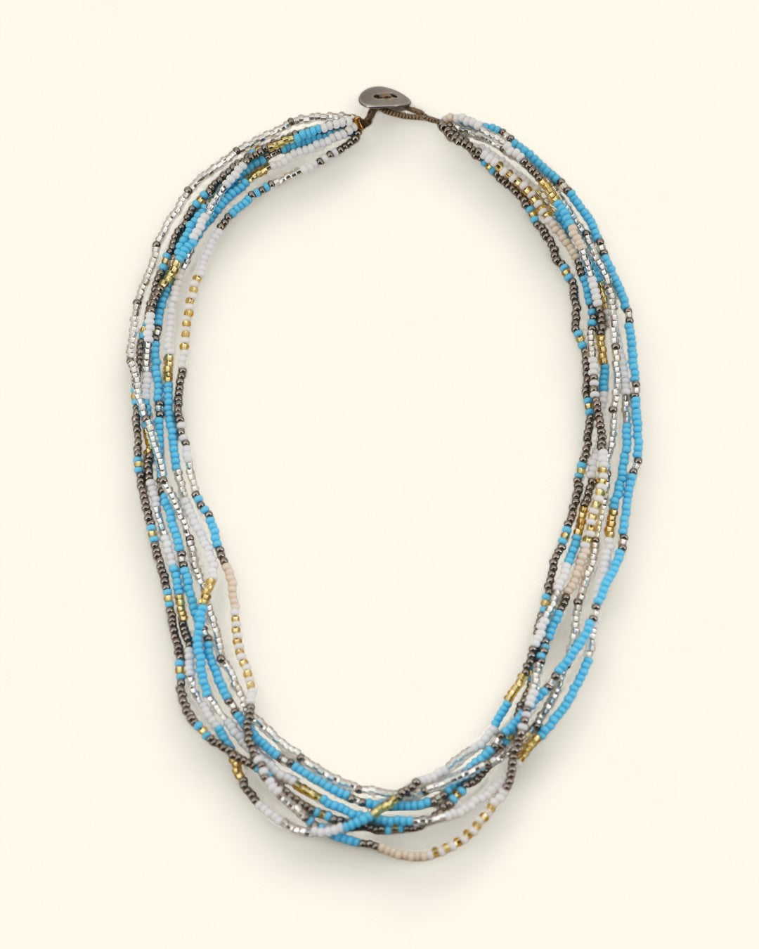 Multistrand beaded necklace with turquoise, white, and gold beads